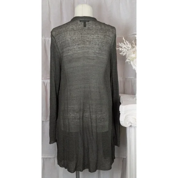 Eileen Fisher Dark Green Sheer Hemp Blend Open Front Cardigan Quiet Luxury L - Picture 3 of 8